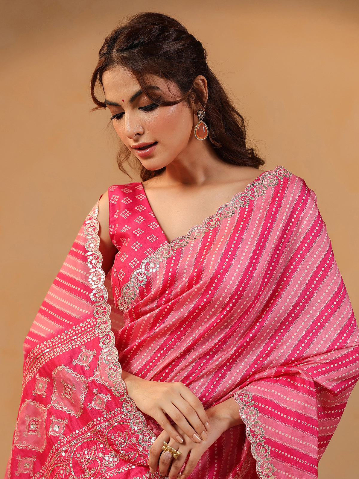 Pink printed silk saree with aabla highlights