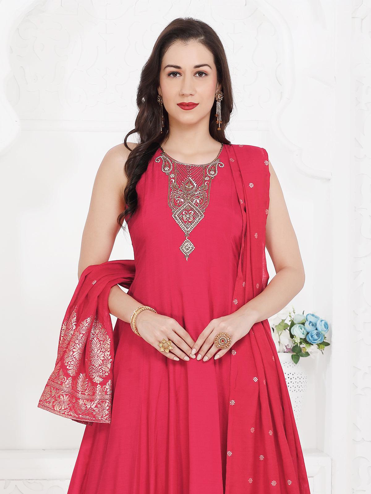 Pink silk palazzo kurti set with zari worked dupatta