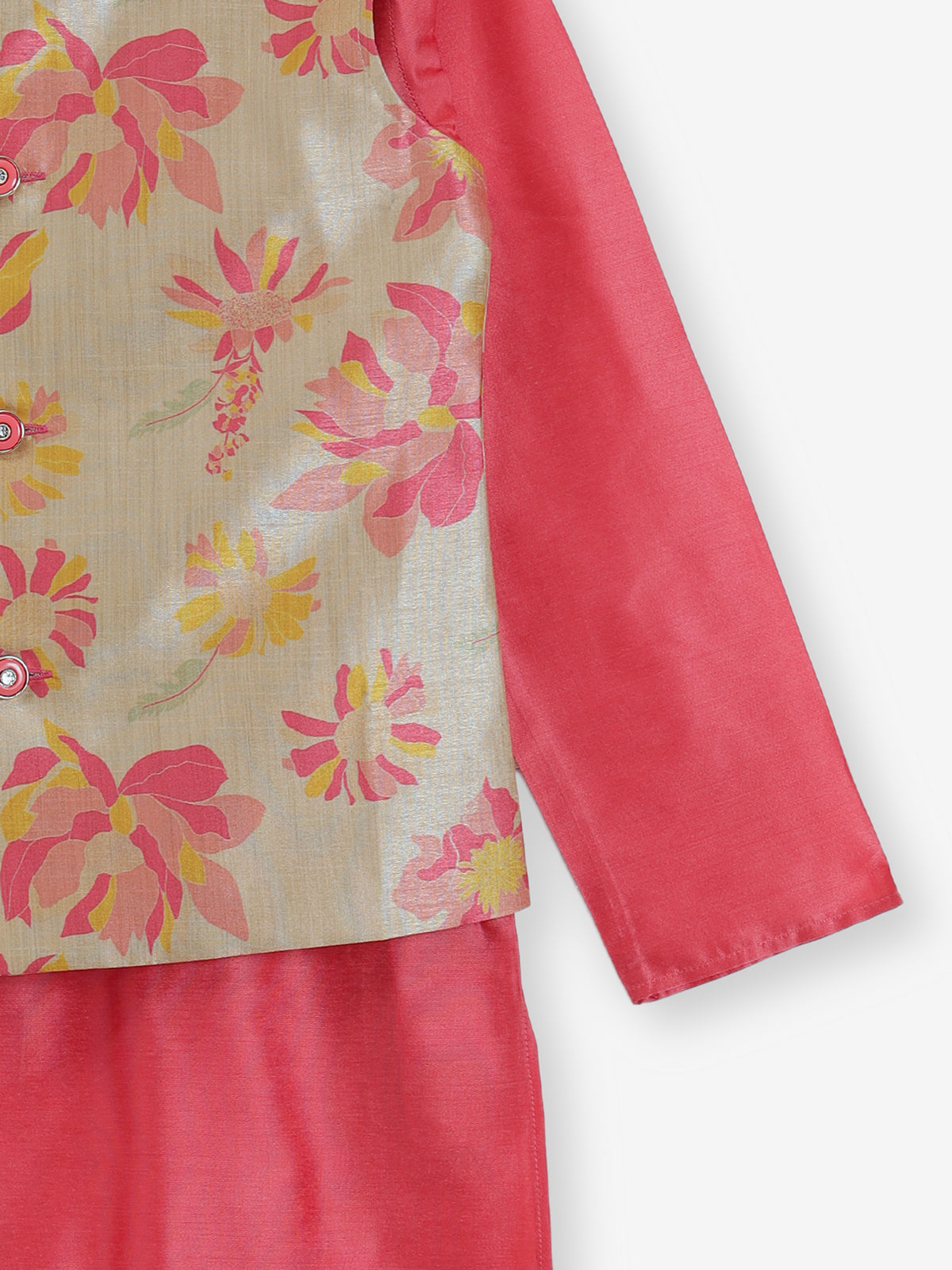 Pink silk printed chinese collar waistcoat set