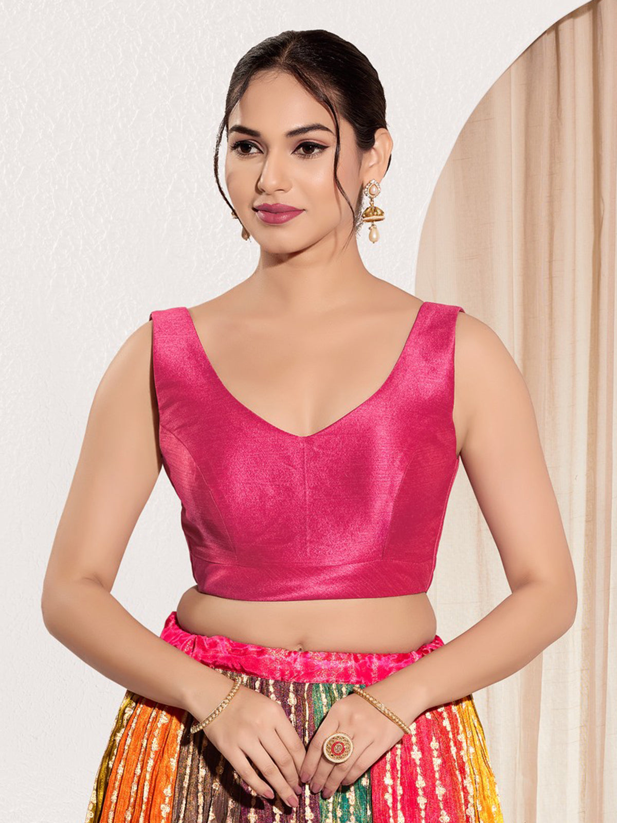 Pink silk ready made blouse in zari weaving