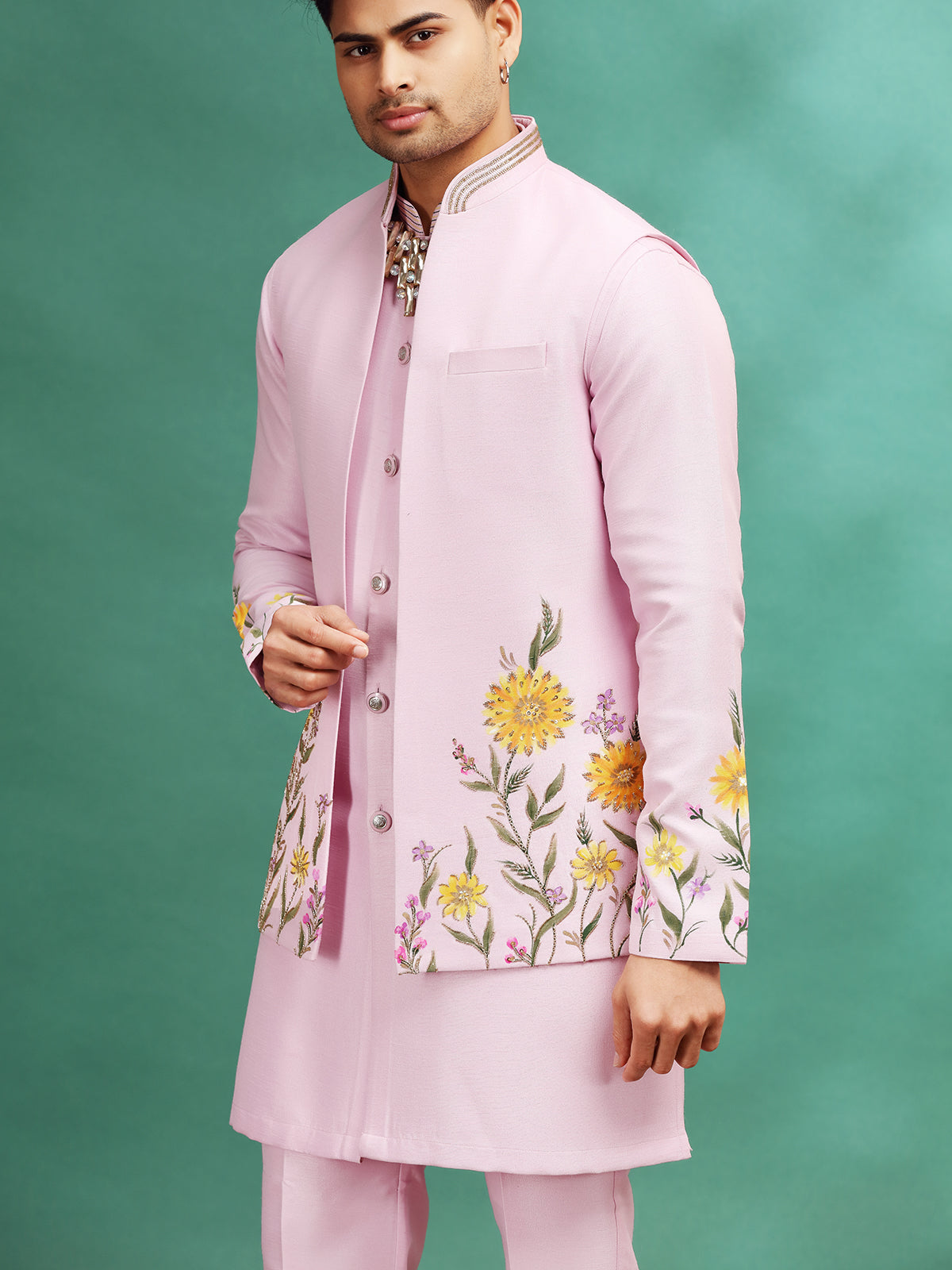 Pink silk wedding wear waistcoat set with hand print