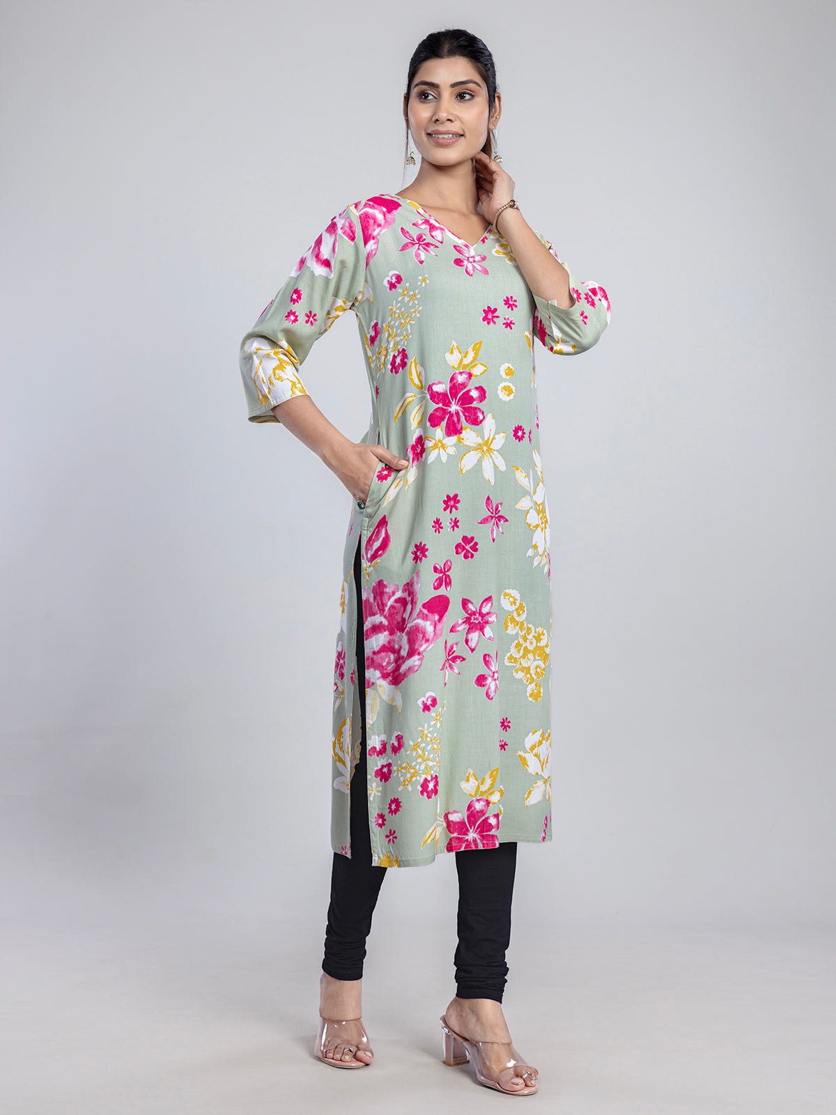 Pista green cotton printed kurti for women