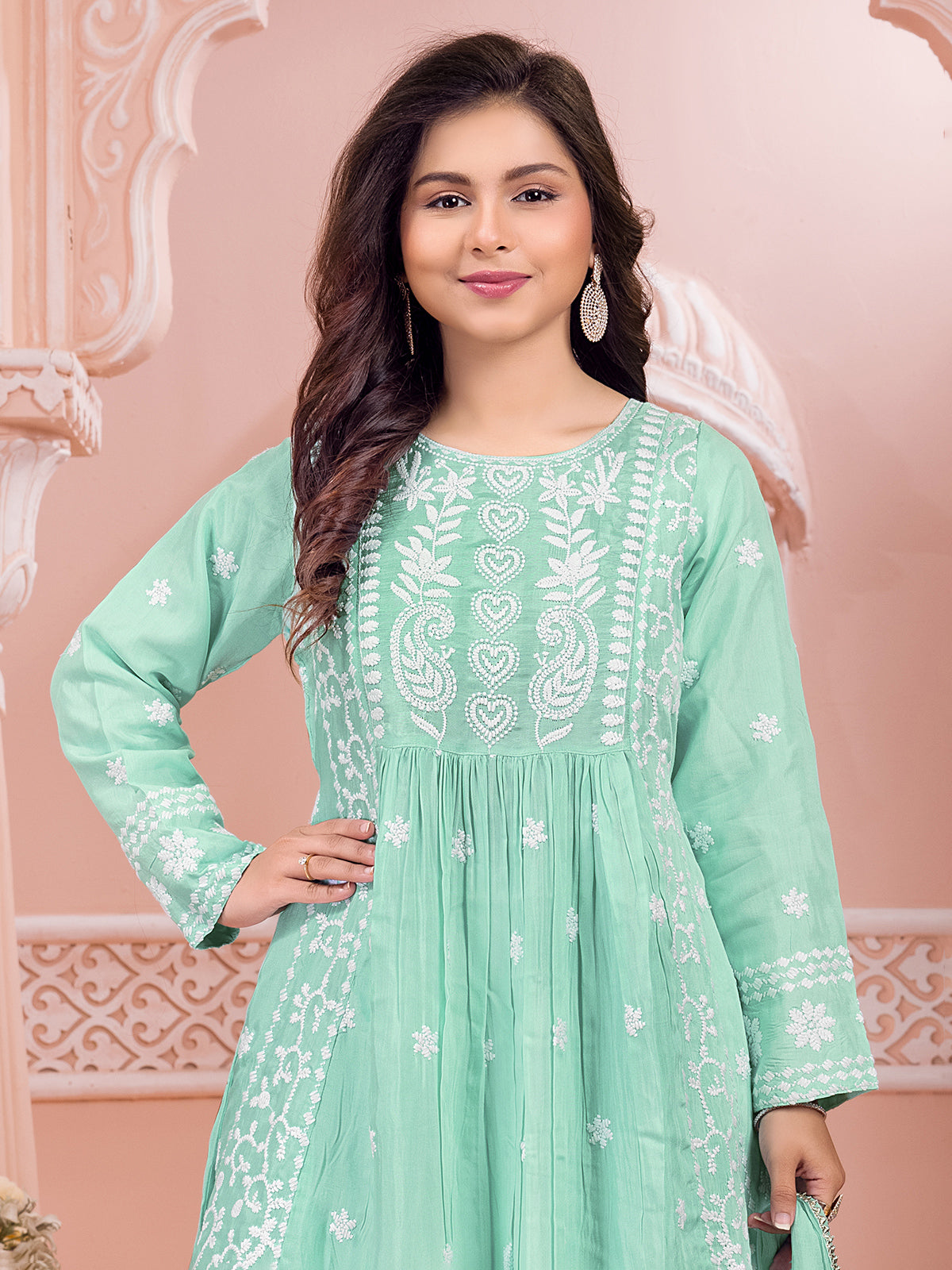 Pista green cotton silk embroidered pant suit