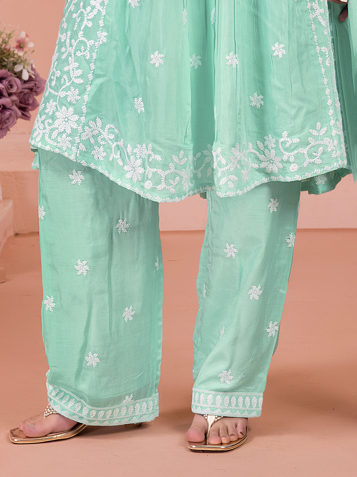 Pista green cotton silk embroidered pant suit