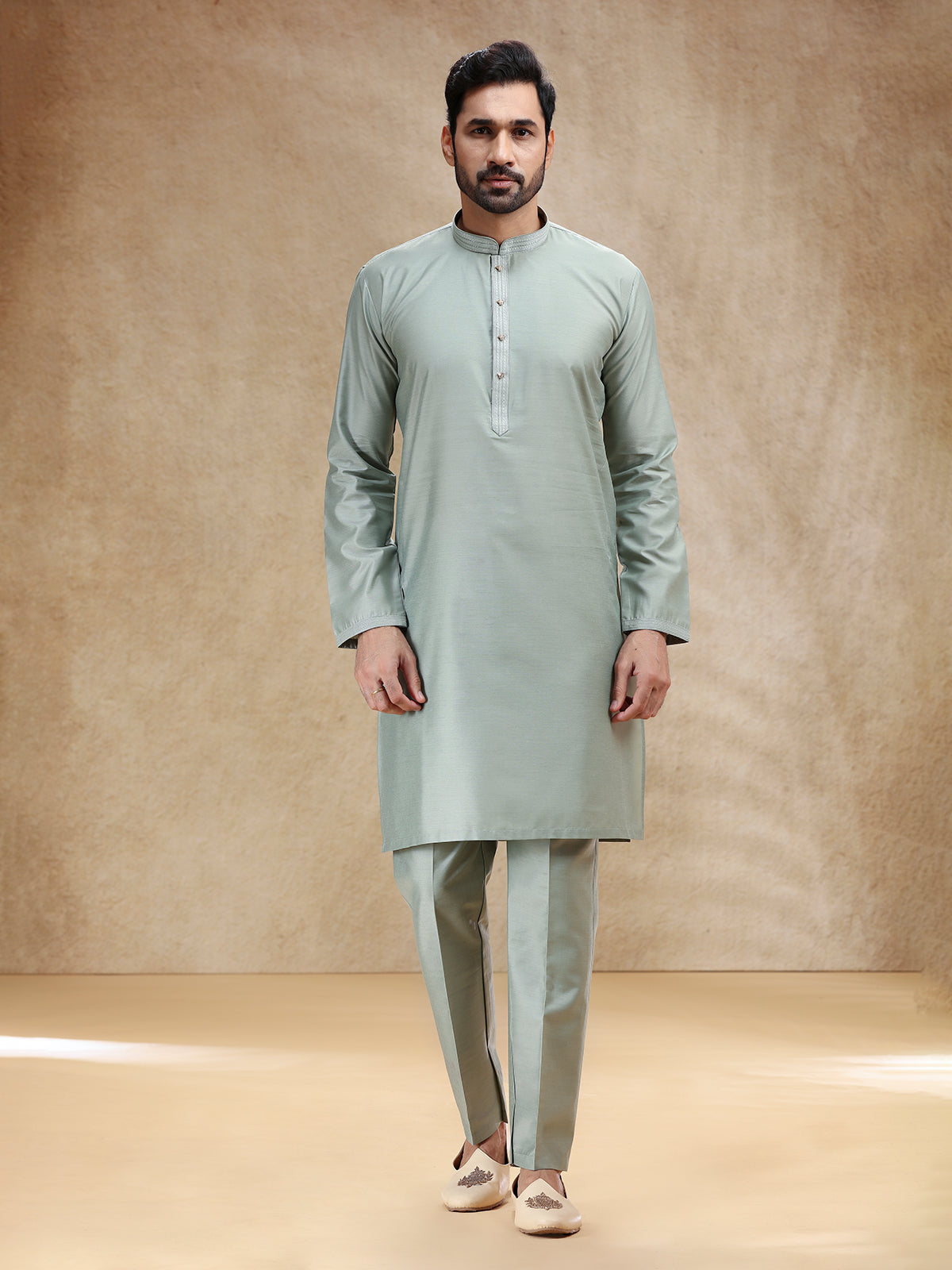 Pista green cotton silk plain kurta pajama