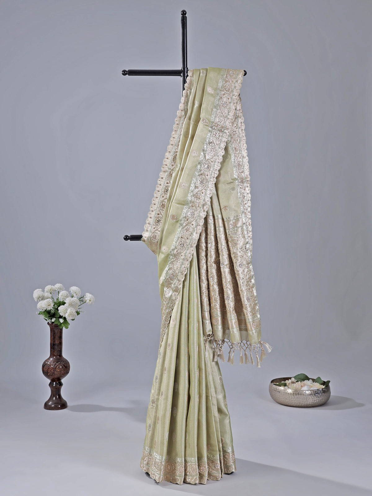 Pista green heavily embellished silk saree for weddings