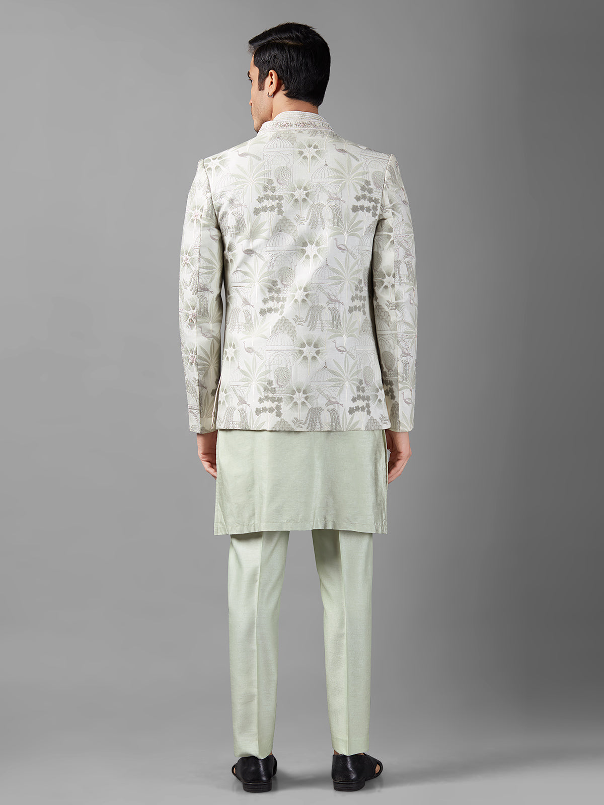 Pista green silk embroidery indowestern