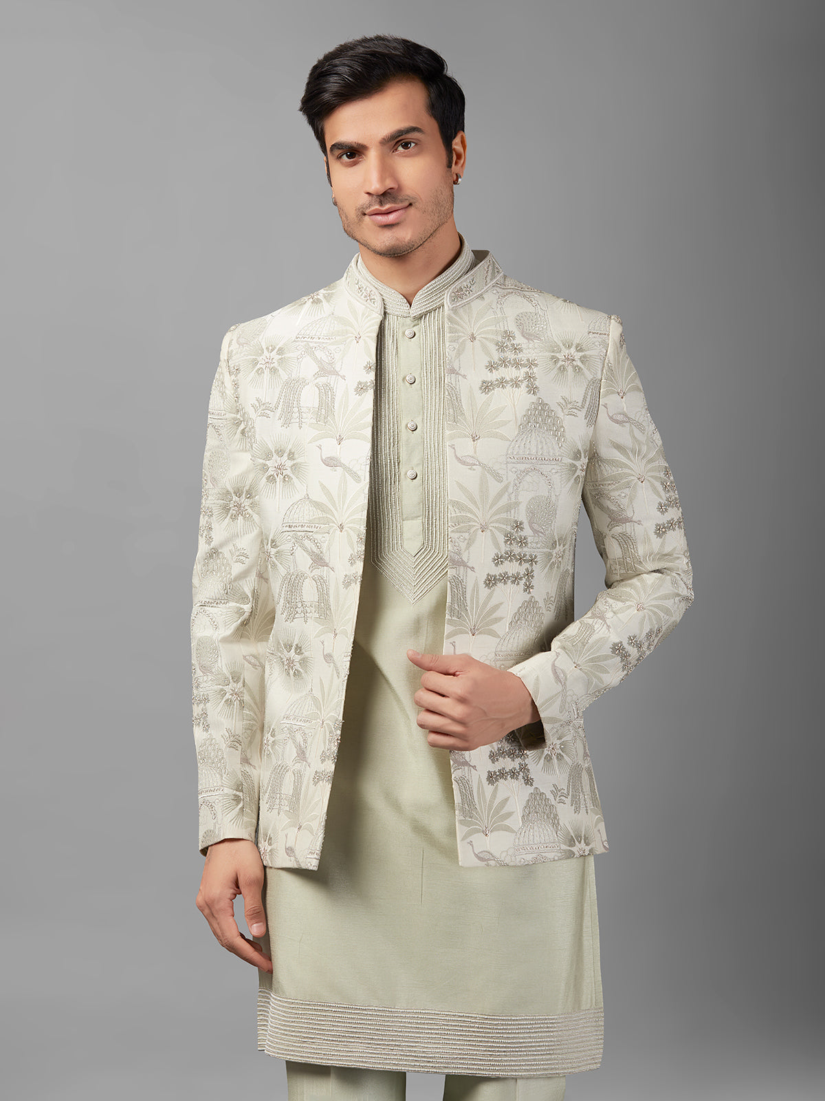 Pista green silk embroidery indowestern