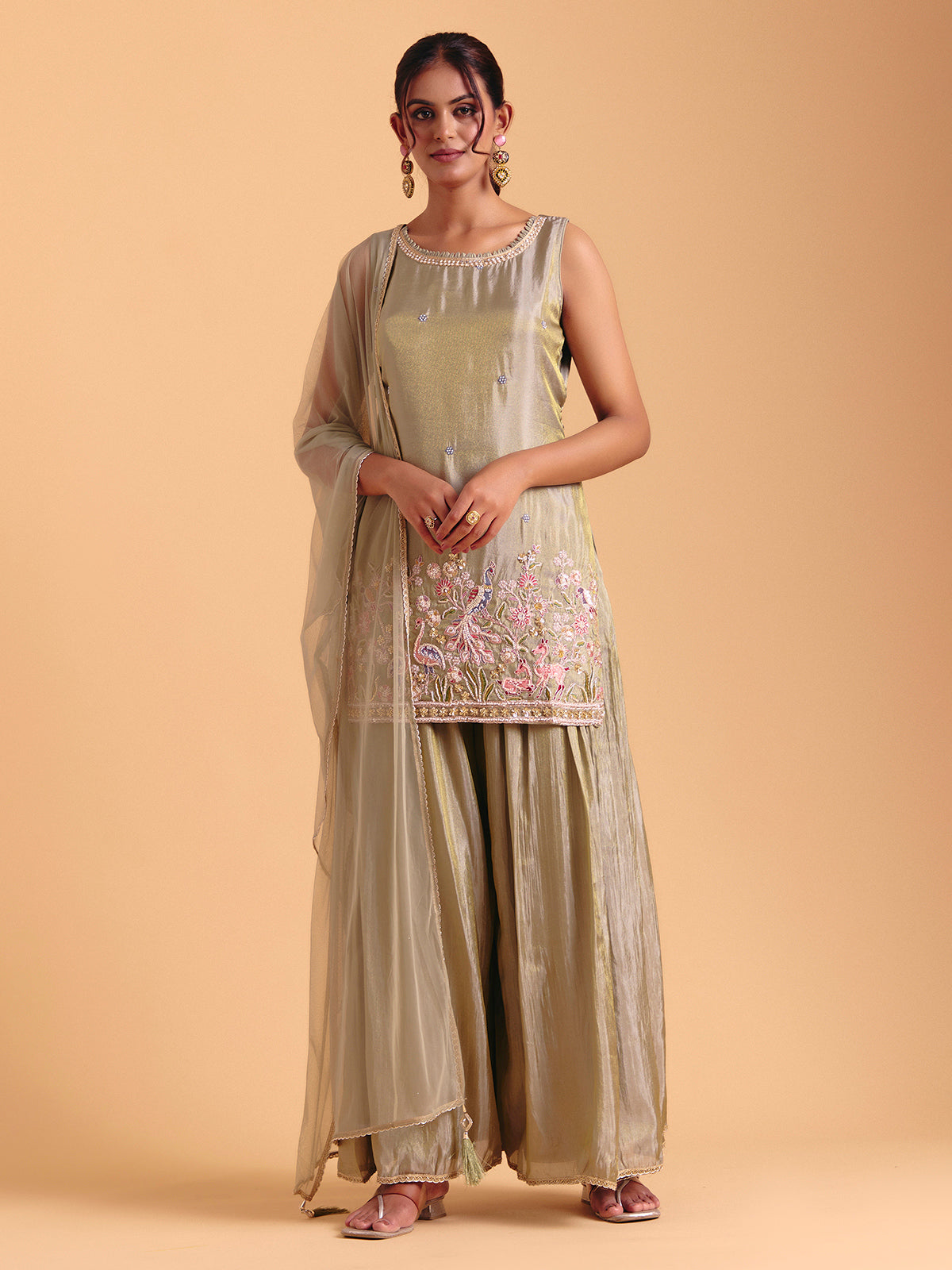 Pista green silk palazzo suit with heavy embroidery