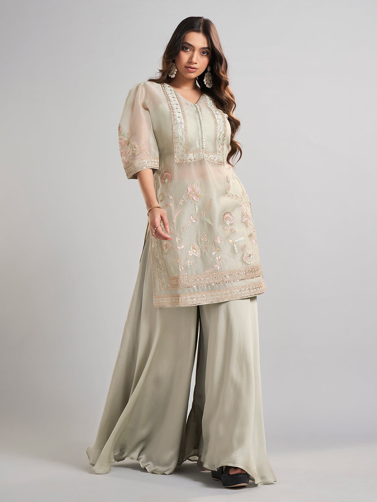 Pista green tissue and satin silk designer palazzo suit