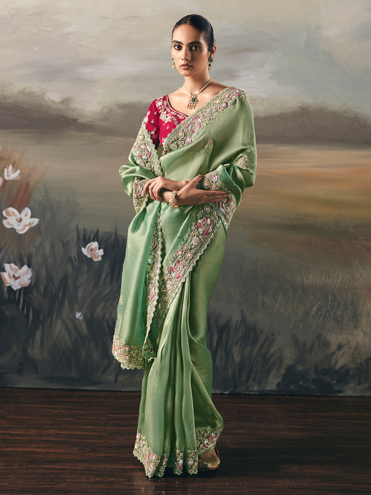Pista green tissue silk wedding saree