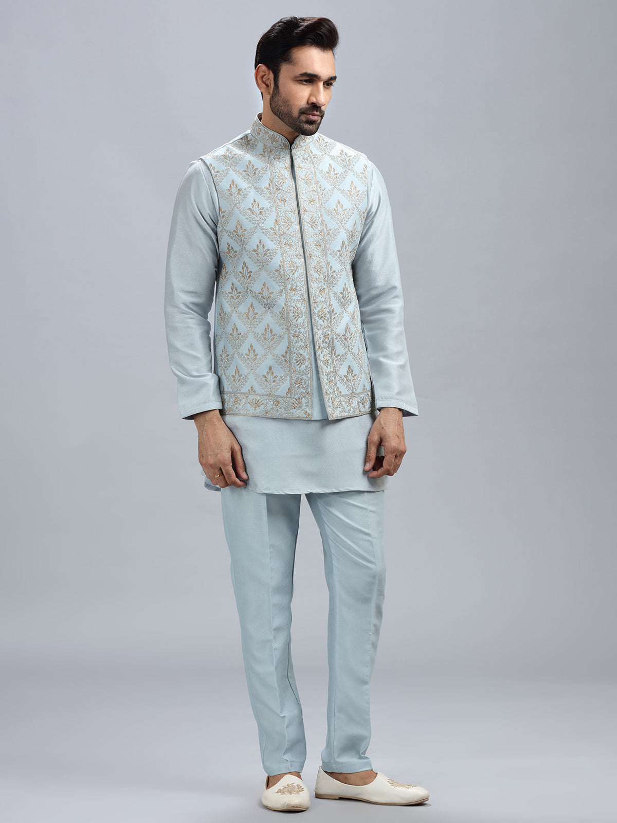 Powder blue silk waistcoat set for men