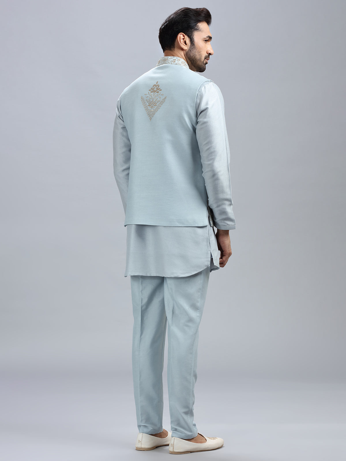 Powder blue silk waistcoat set for men