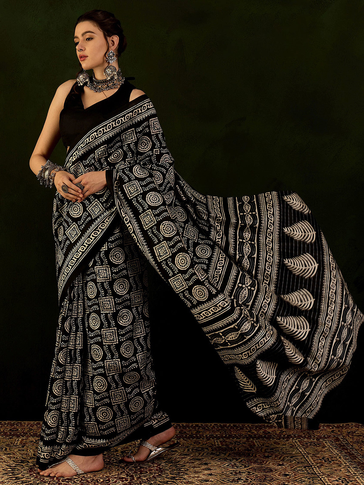 Printed black saree in bhagalpuri silk
