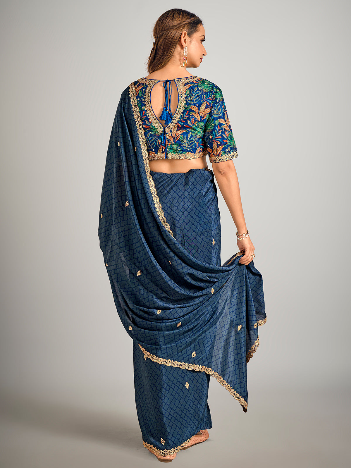Printed blue satin silk saree