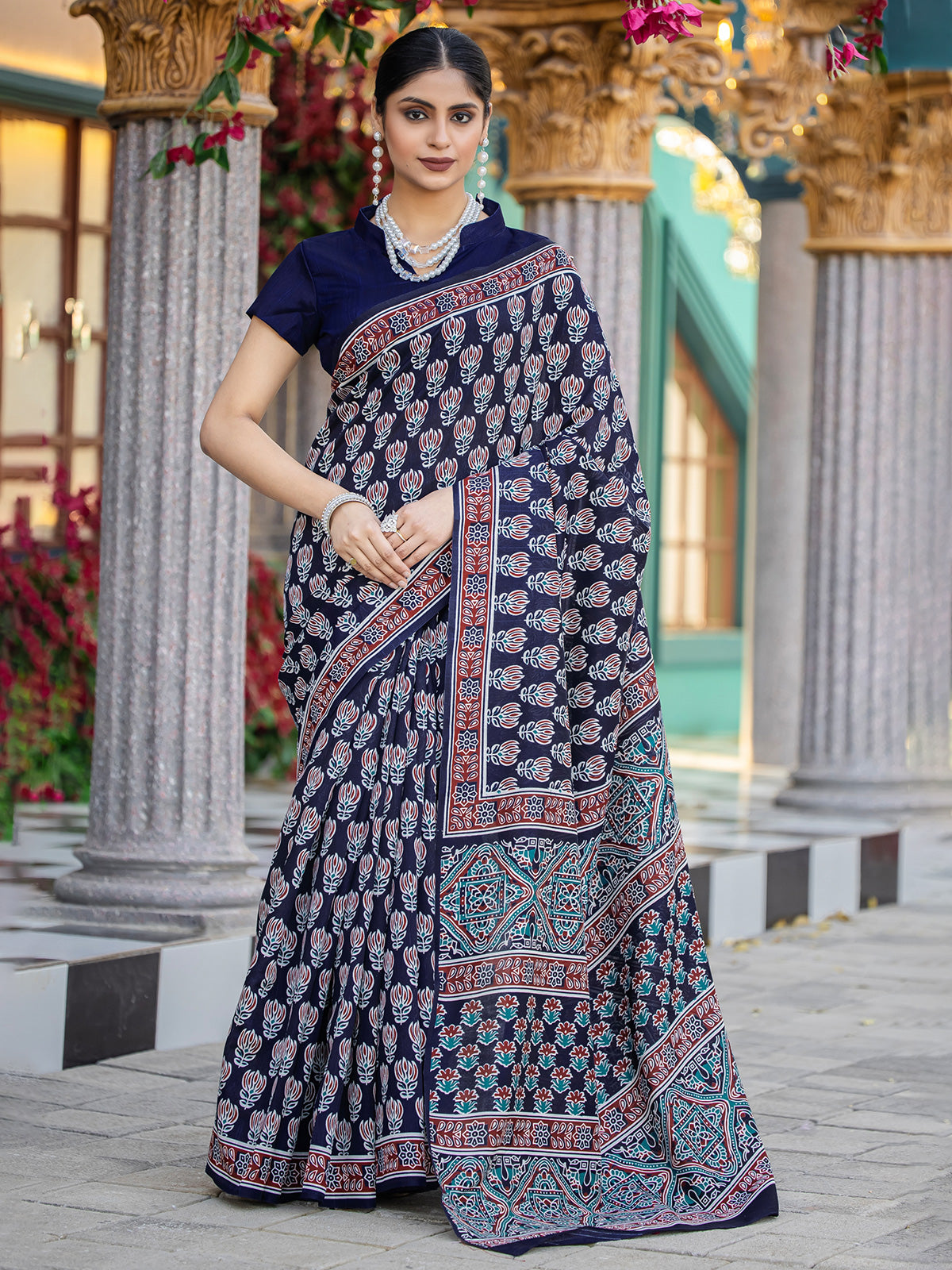Printed navy bhagalpuri silk saree