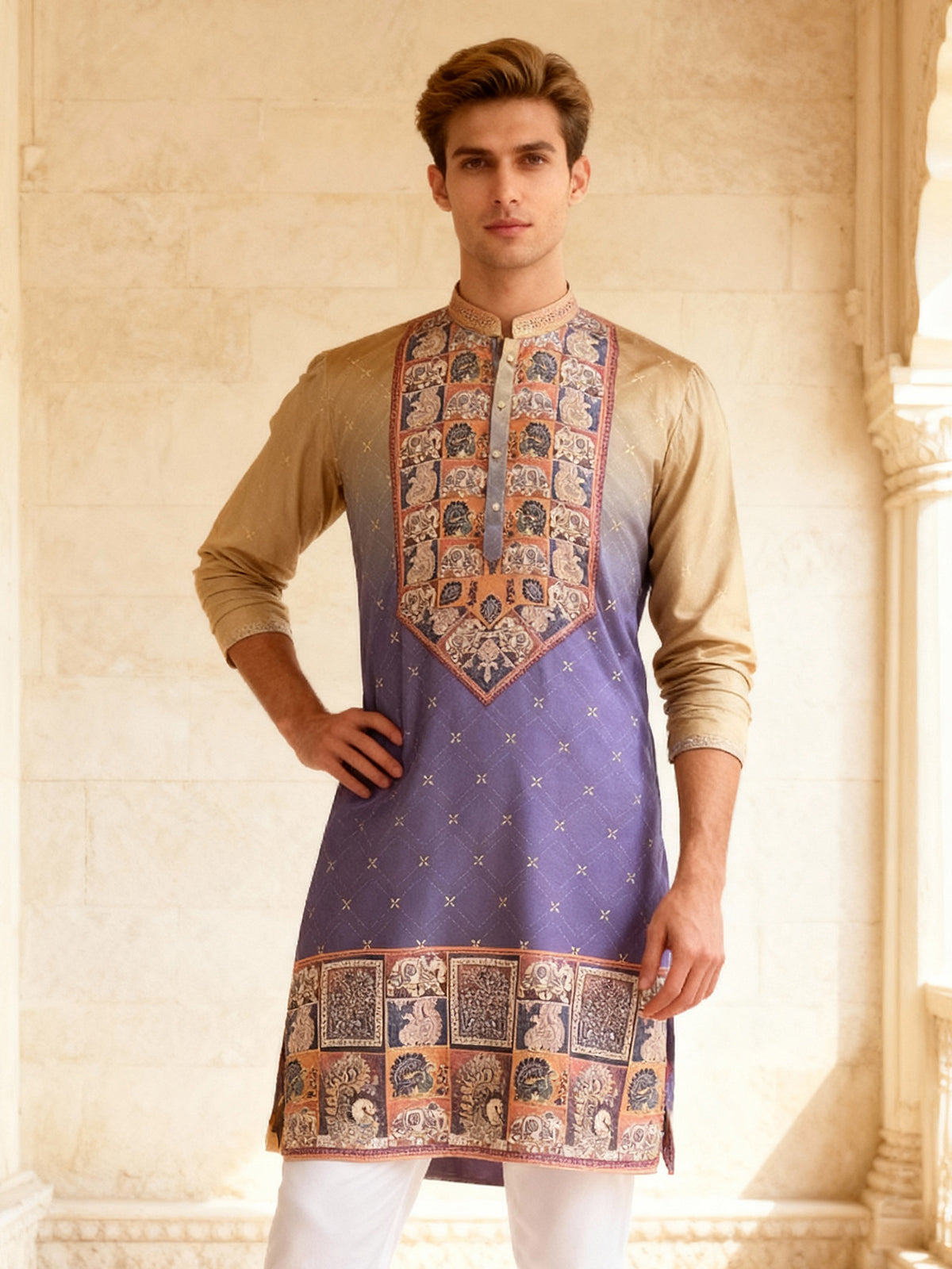 Purple and beige shaded cotton silk kurta suit