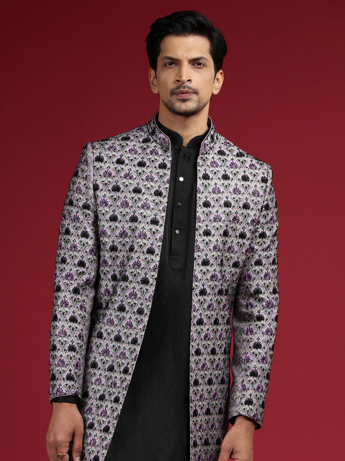 Purple and black silk indowestern