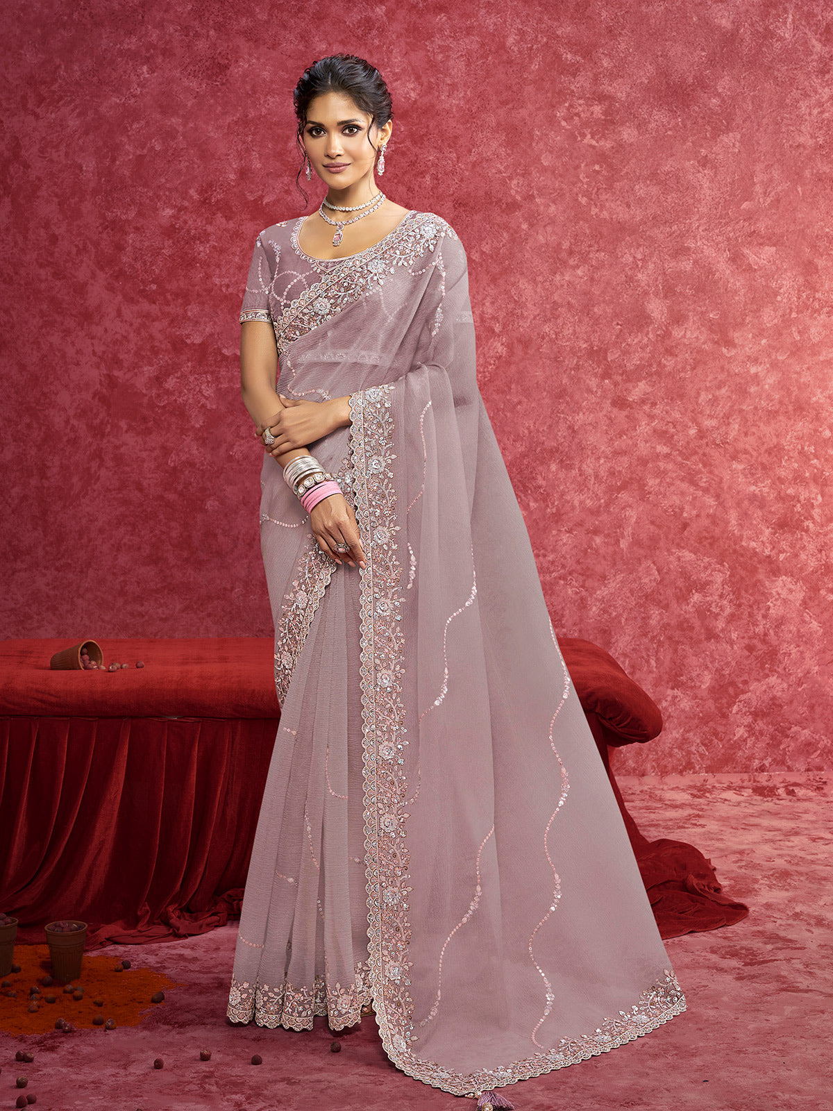 Purple chiffon saree with sequins work for elegant look