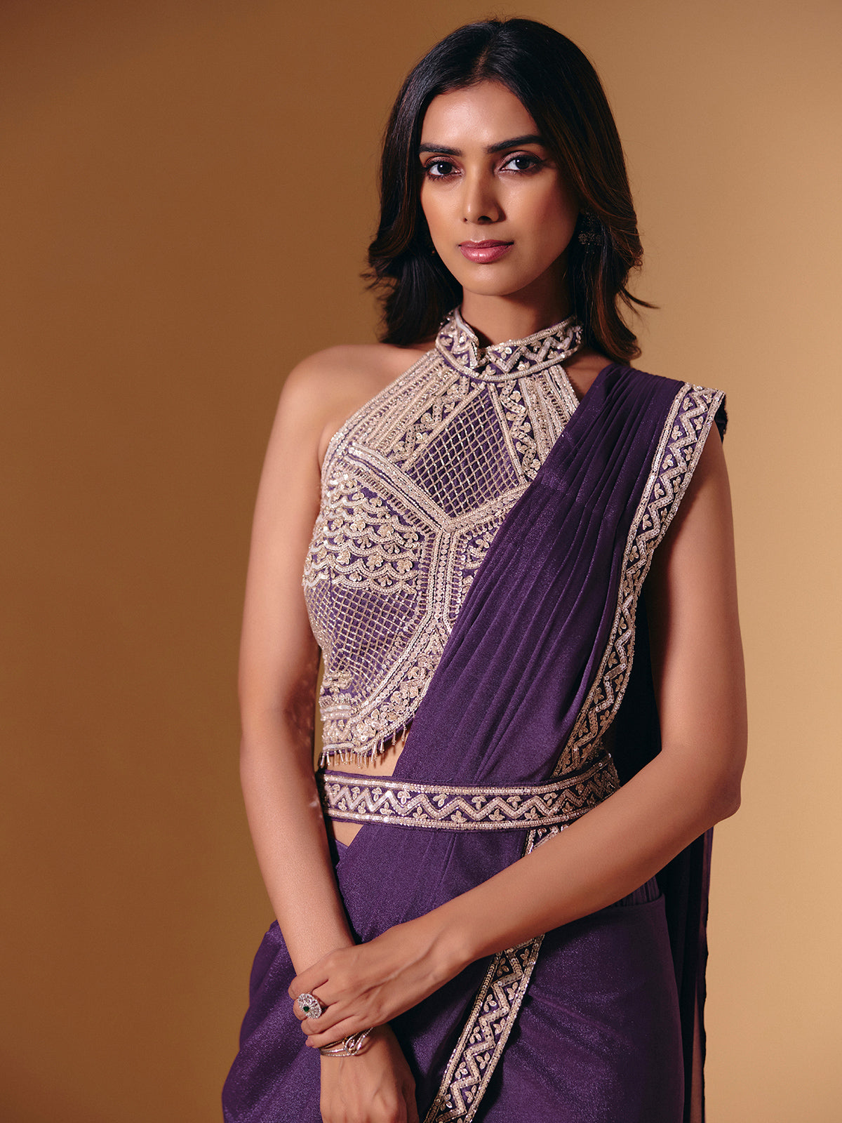 Purple cruss lycra saree with sparkling cutdana detailing