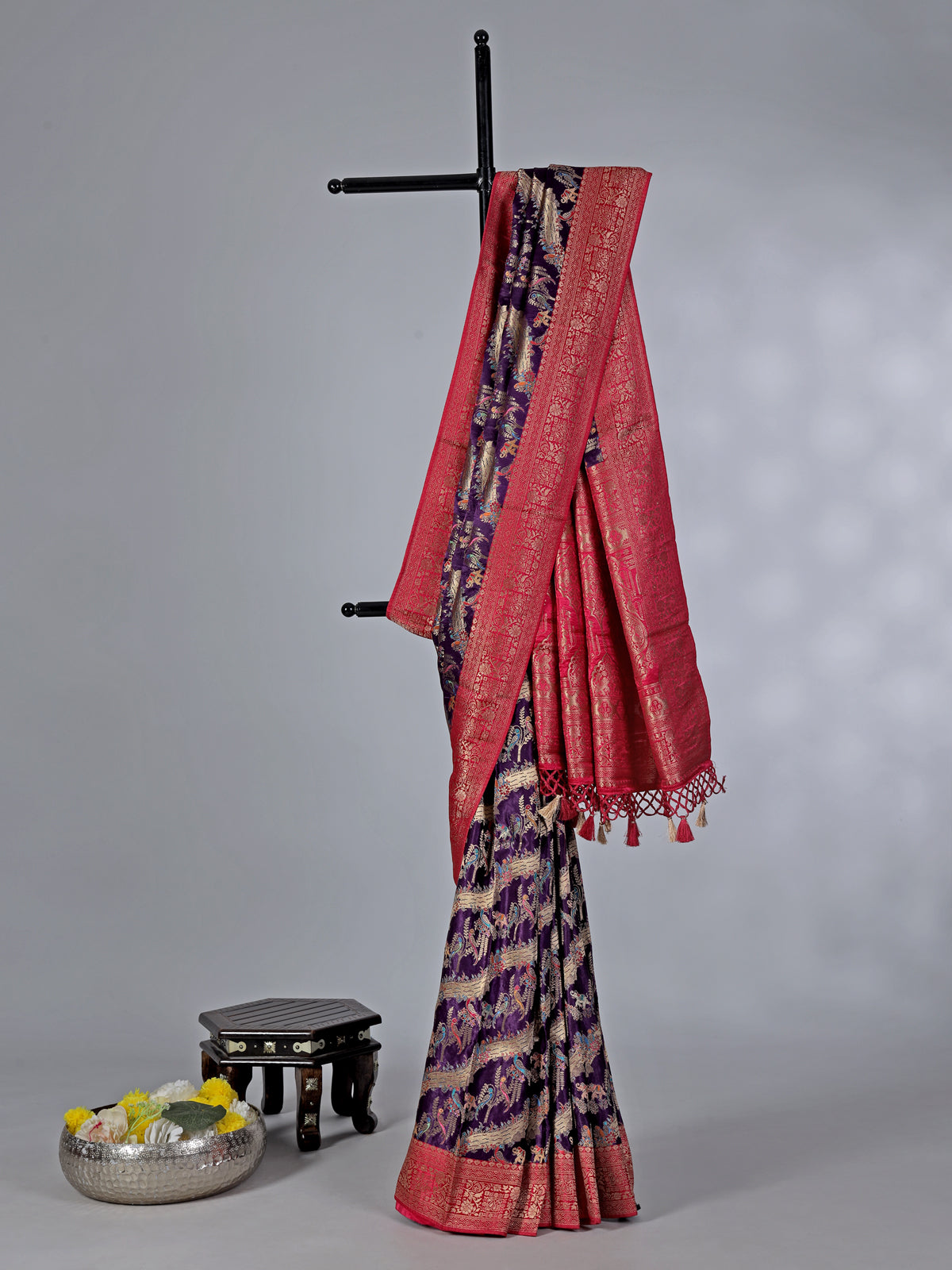 Purple dola silk saree with contrast border