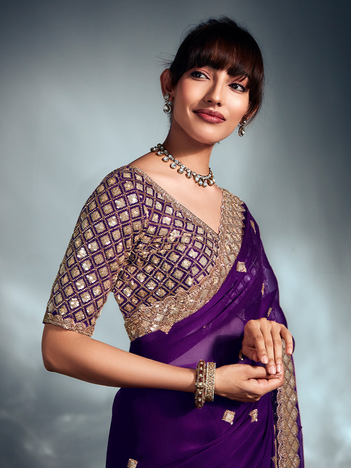 Purple organza saree with sequins shine