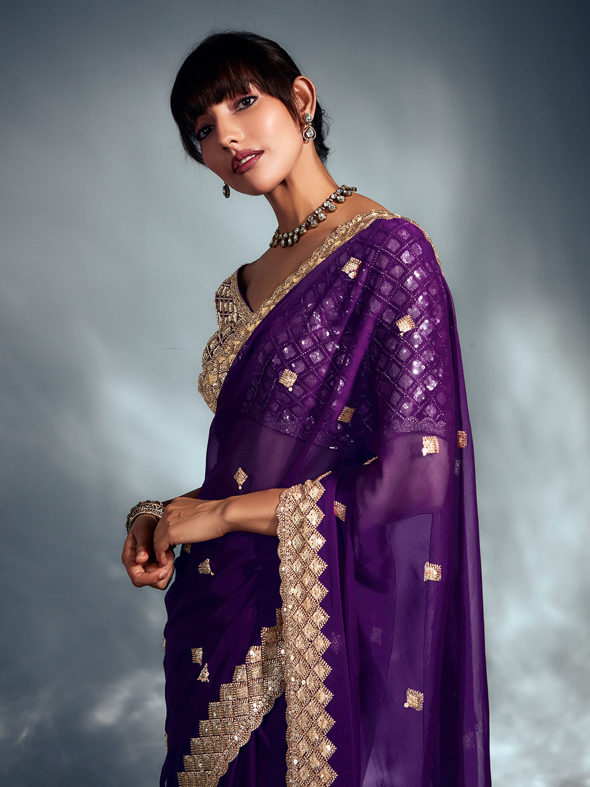 Purple organza saree with sequins shine