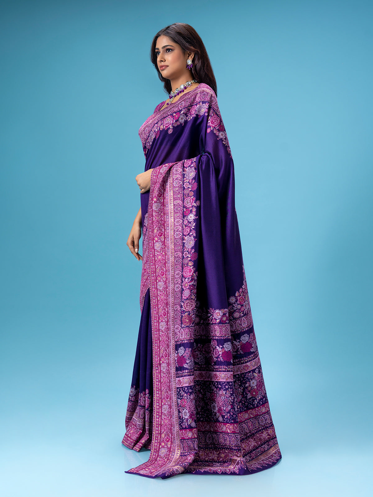 Purple pashmina wedding wear silk saree