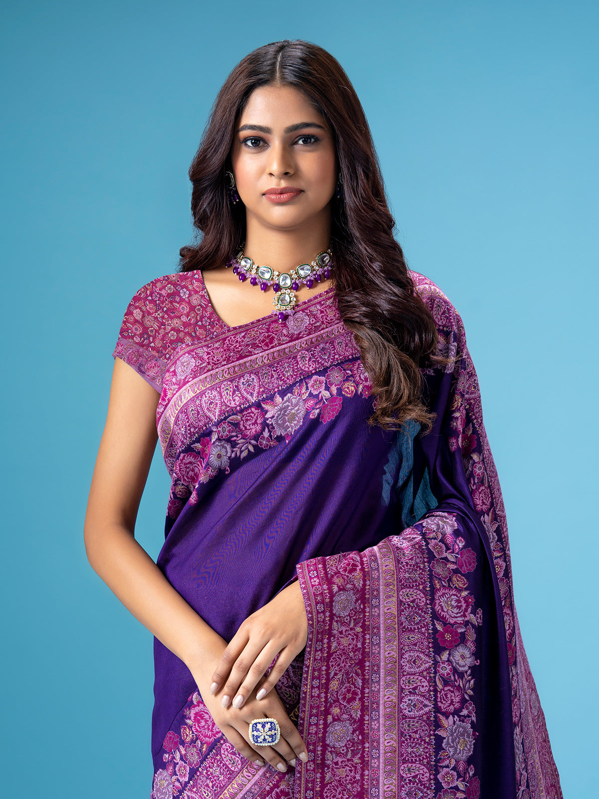 Purple pashmina wedding wear silk saree