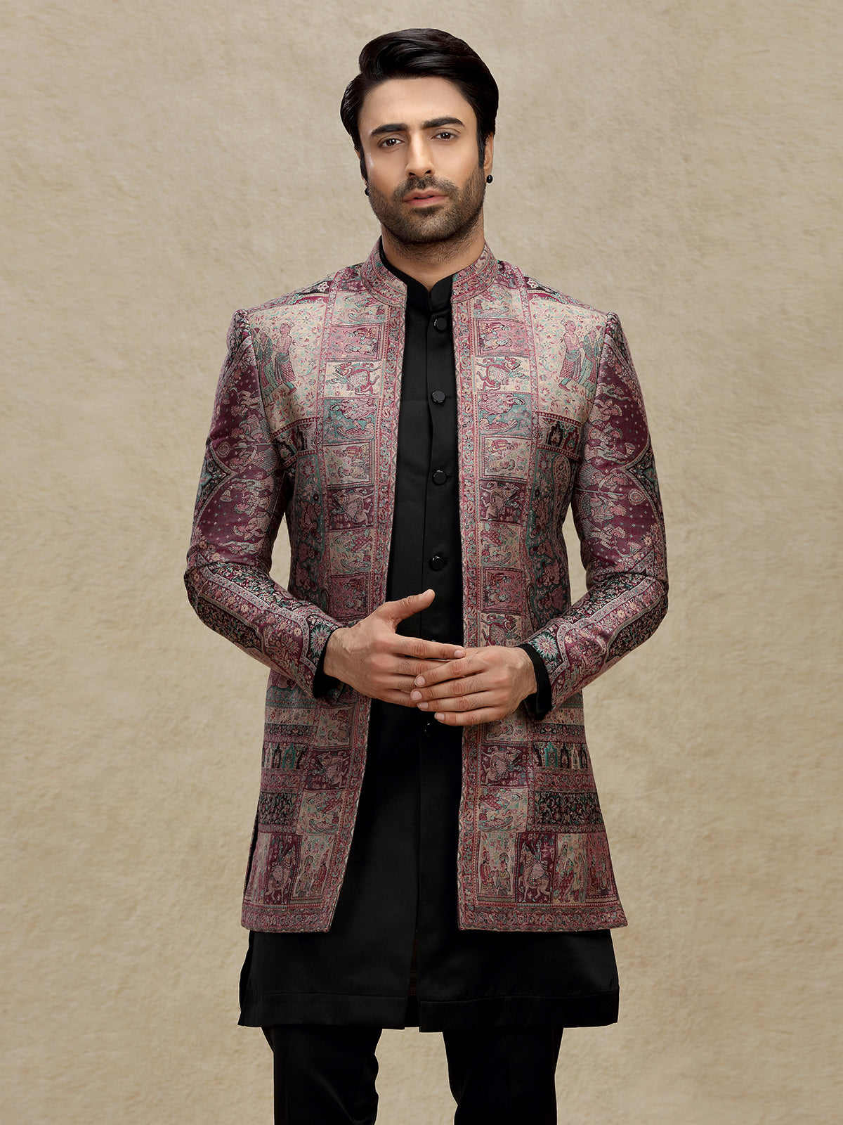 Purple printed silk indo western for mens