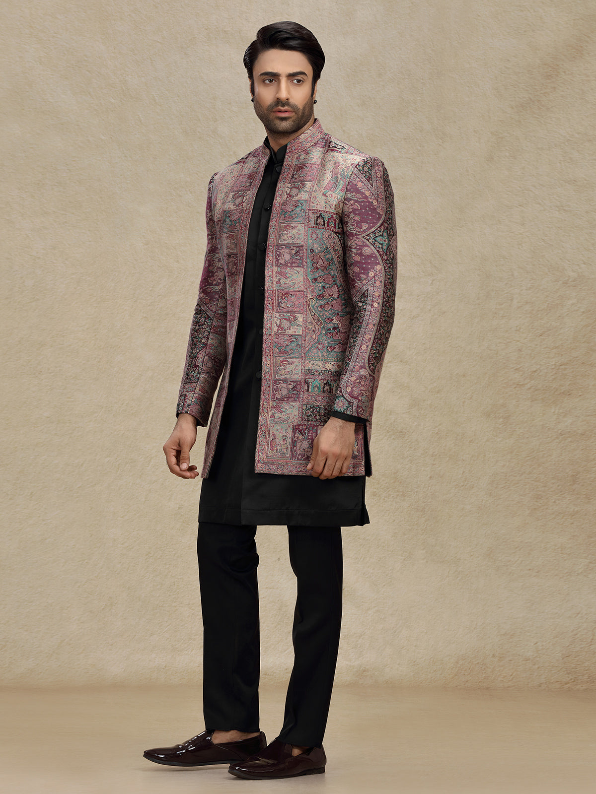 Purple printed silk indo western for mens