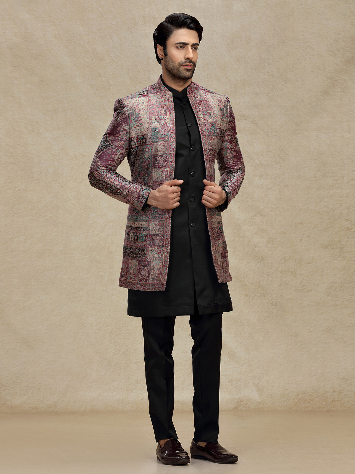 Purple printed silk indo western for mens