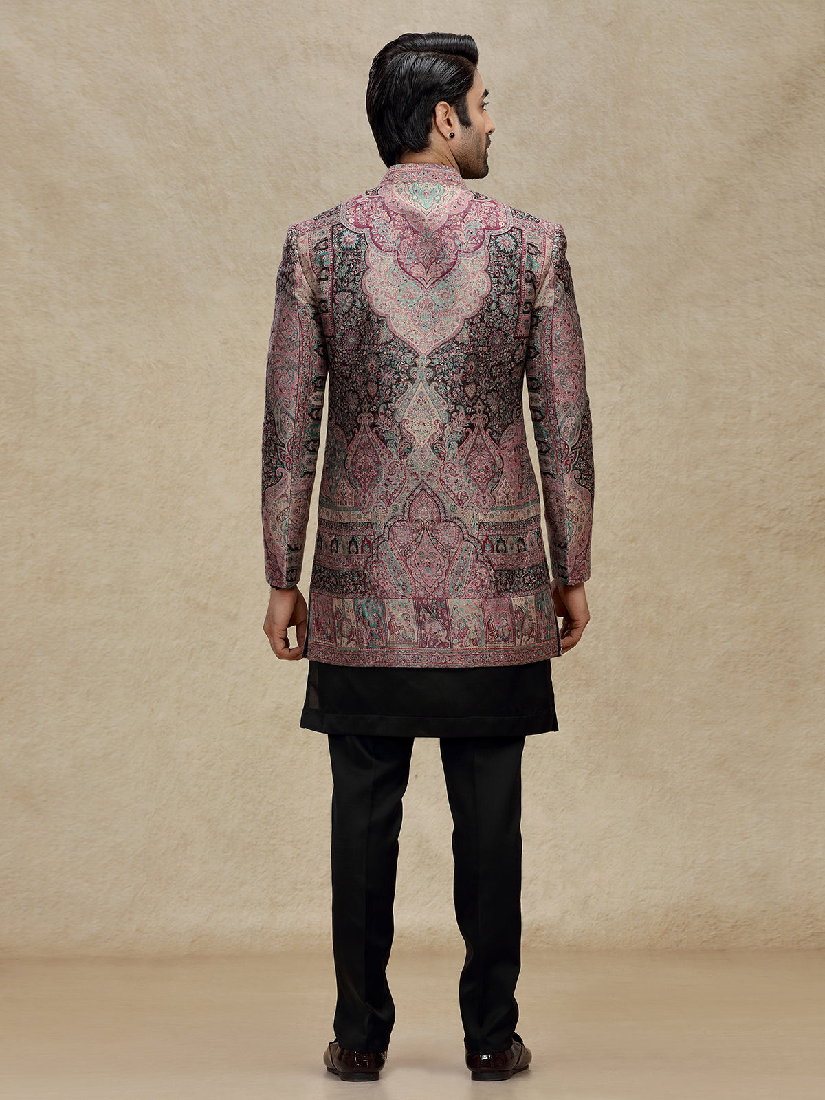 Purple printed silk indo western for mens