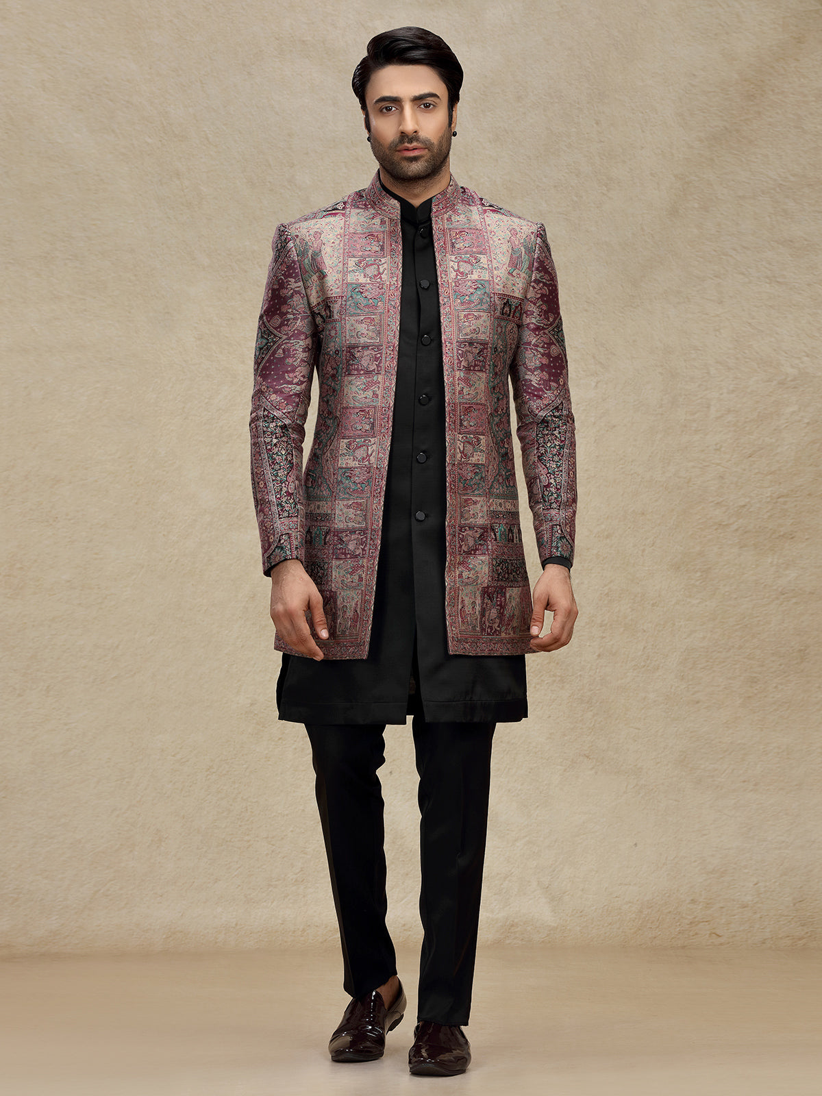 Purple printed silk indo western for mens