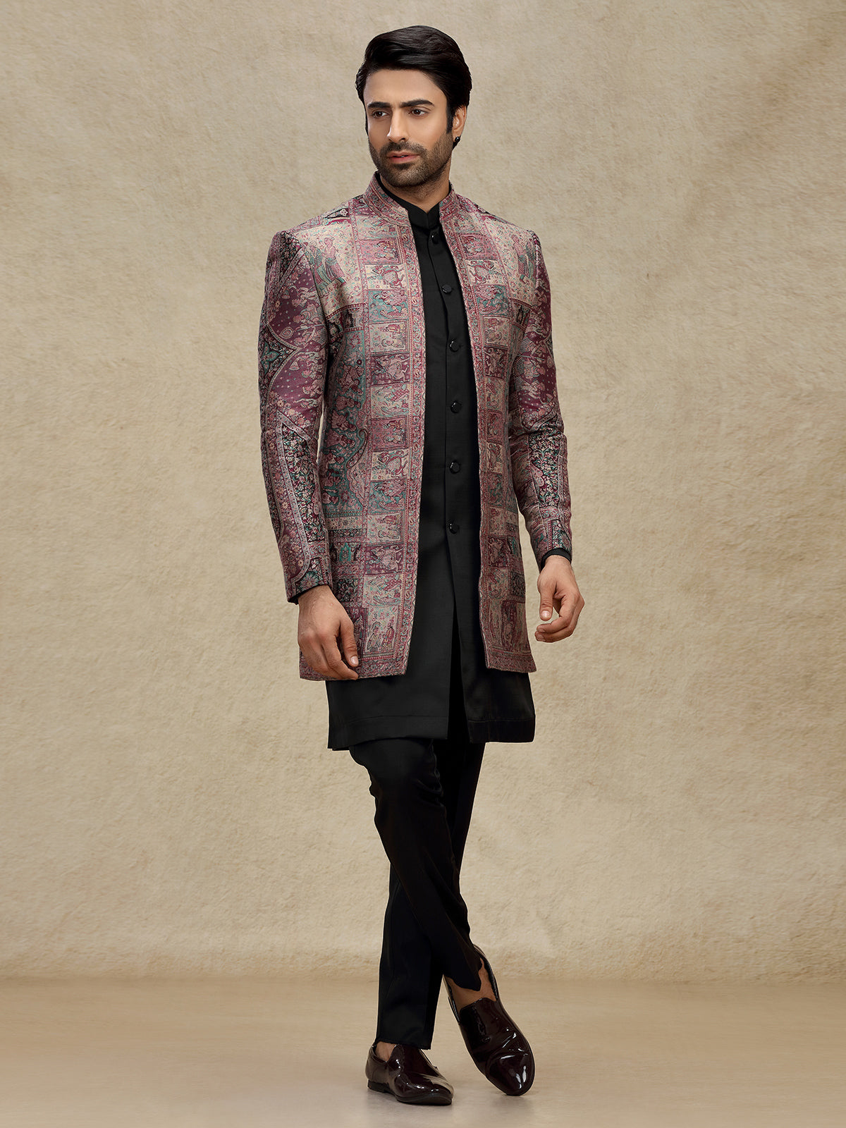 Purple printed silk indo western for mens