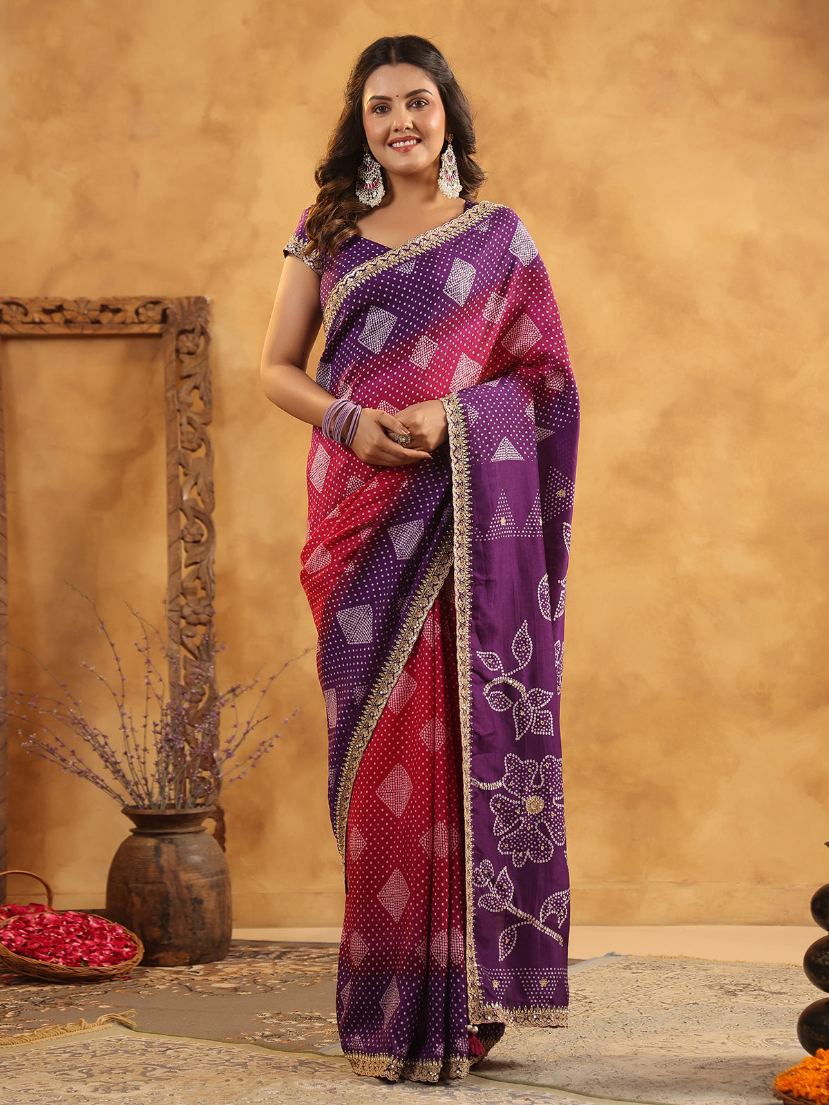 Purple printed silk saree for wedding occasions
