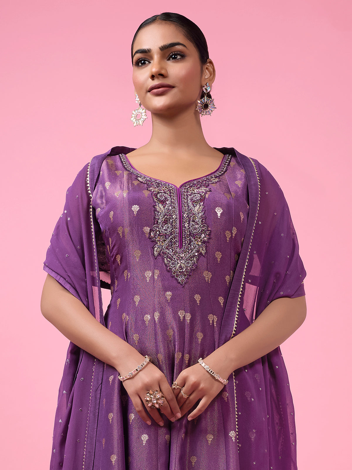 Purple silk anarkali suit with zari detailing