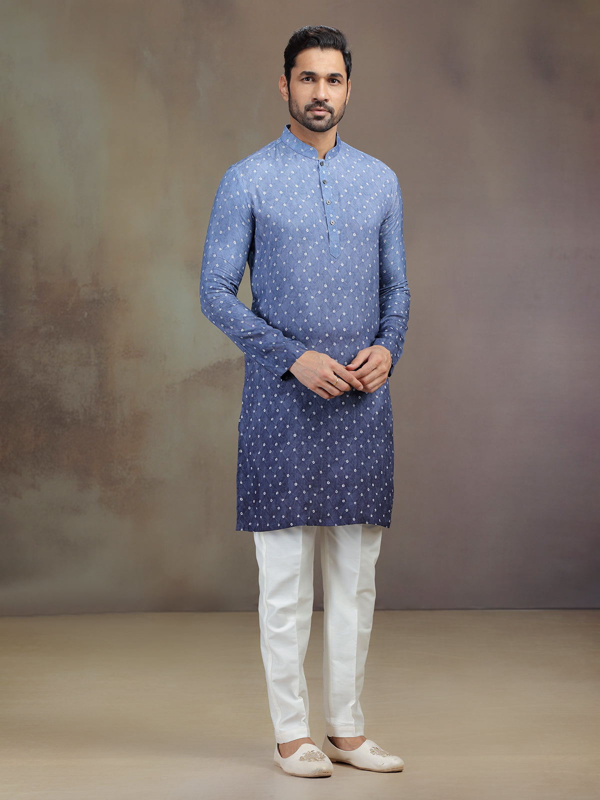 Purple silk printed kurta suit for men