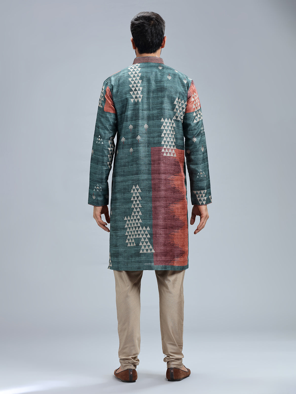 Rama blue cotton silk printed kurta set for men