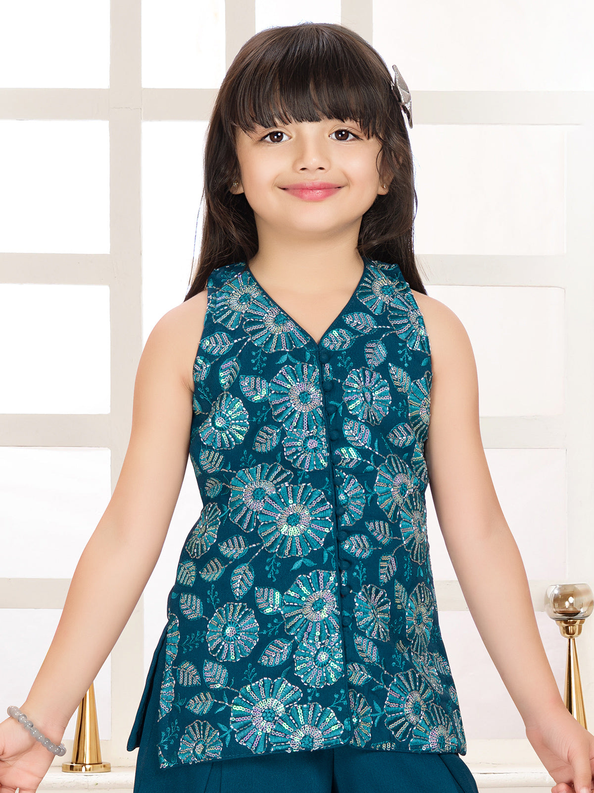 Rama blue georgette palazzo suit with sequins