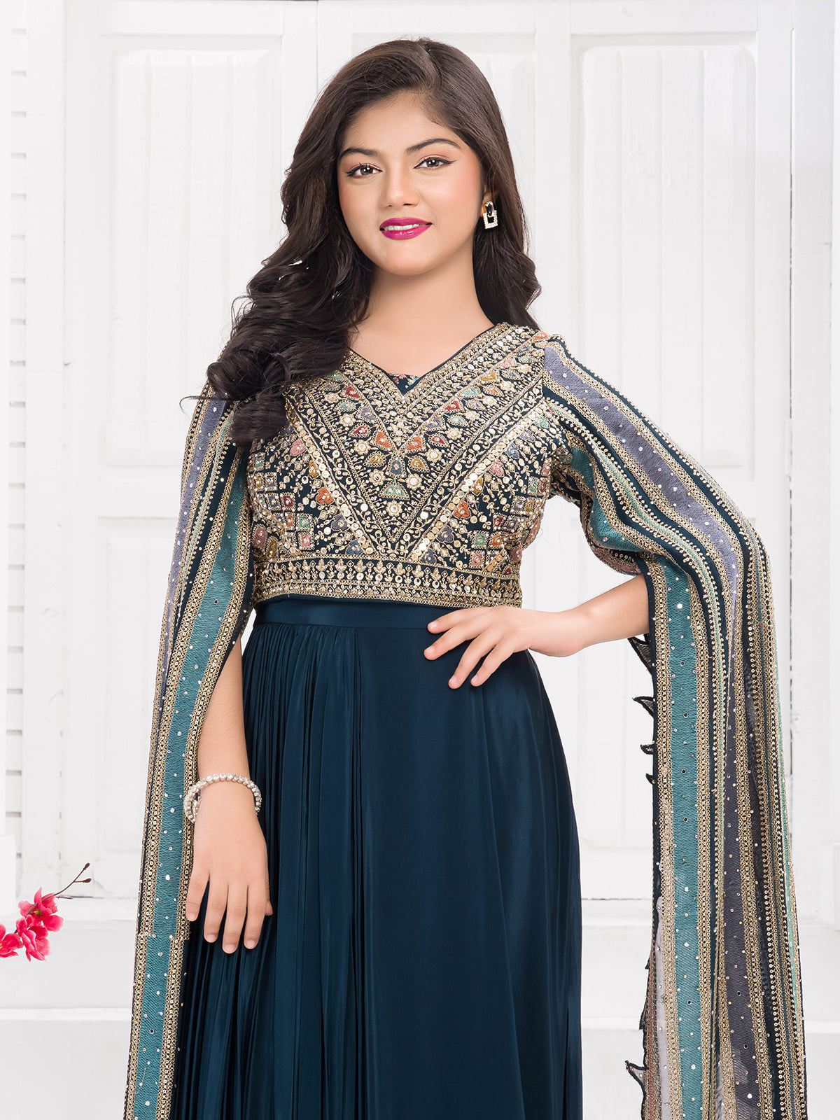 Rama blue silk embroidered designer suit