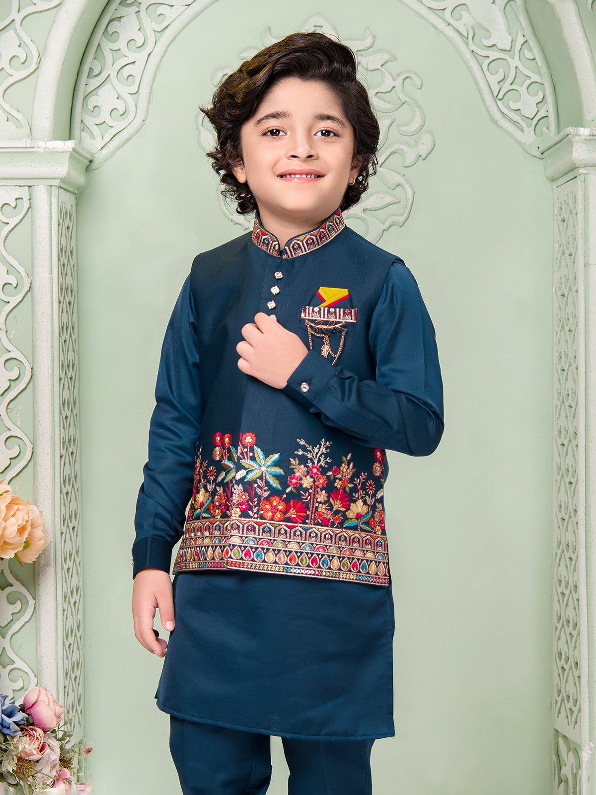 Rama blue silk waistcoat set with brooch detailing