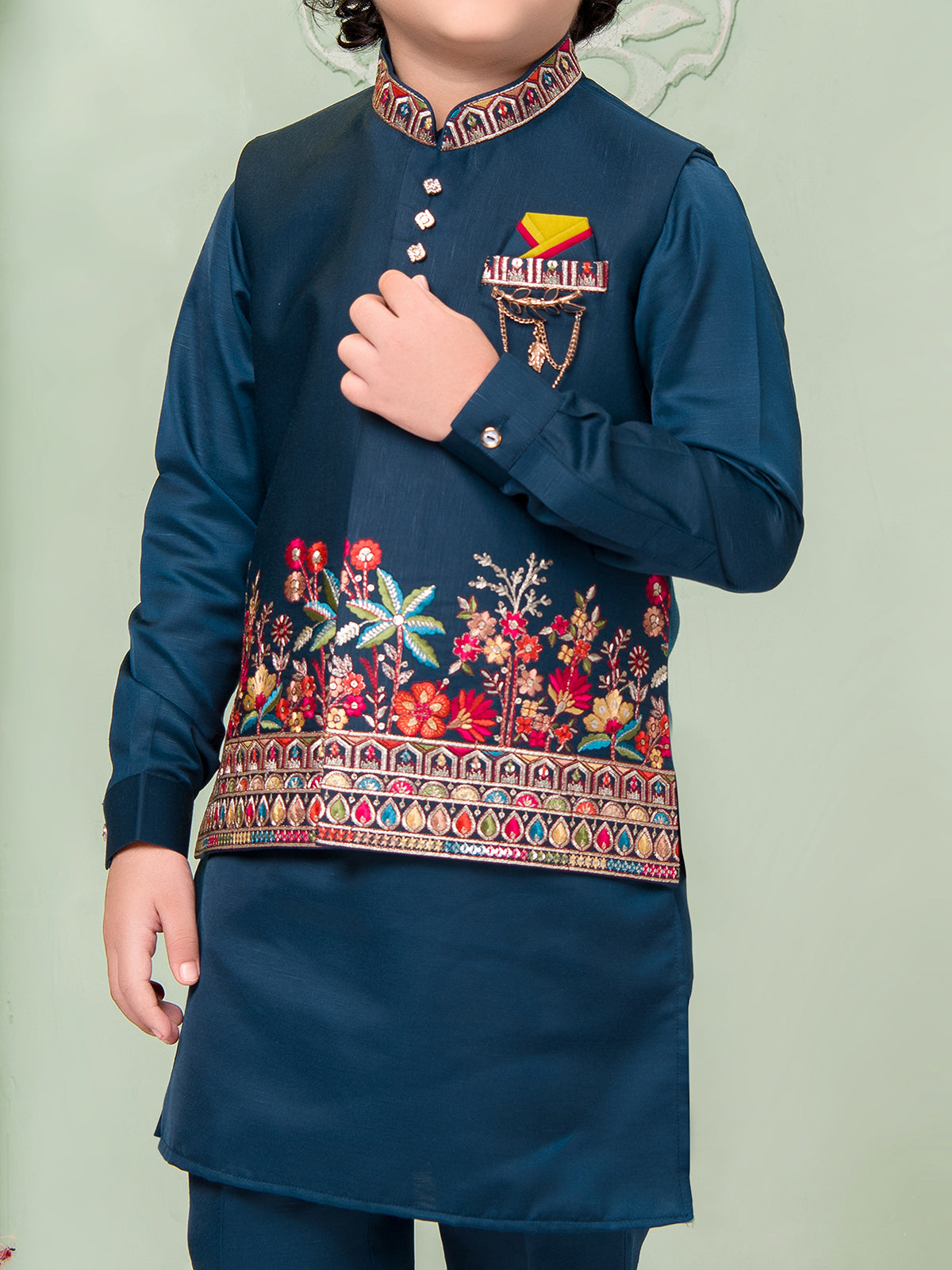 Rama blue silk waistcoat set with brooch detailing