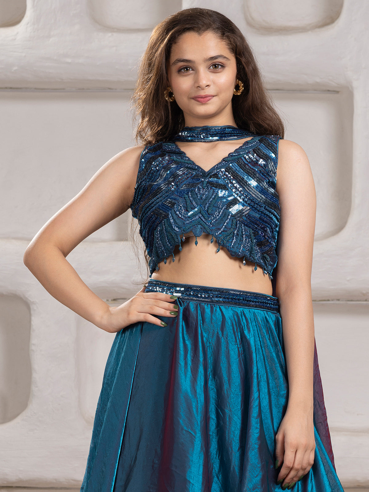 Rama blue tissue silk lehenga choli with cutdana