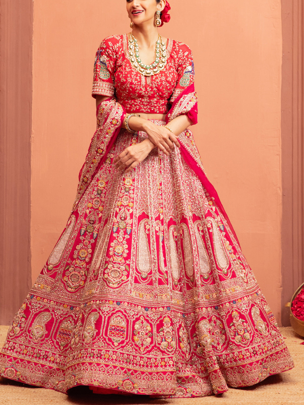 Rani bridal lehenga choli in raw silk fabric