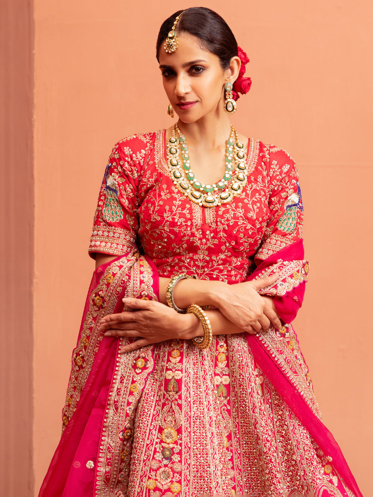 Rani bridal lehenga choli in raw silk fabric