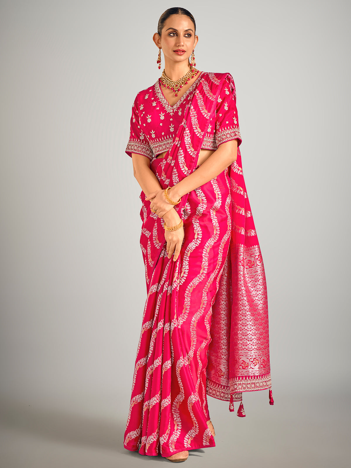 Rani color dola silk saree in zari weaving