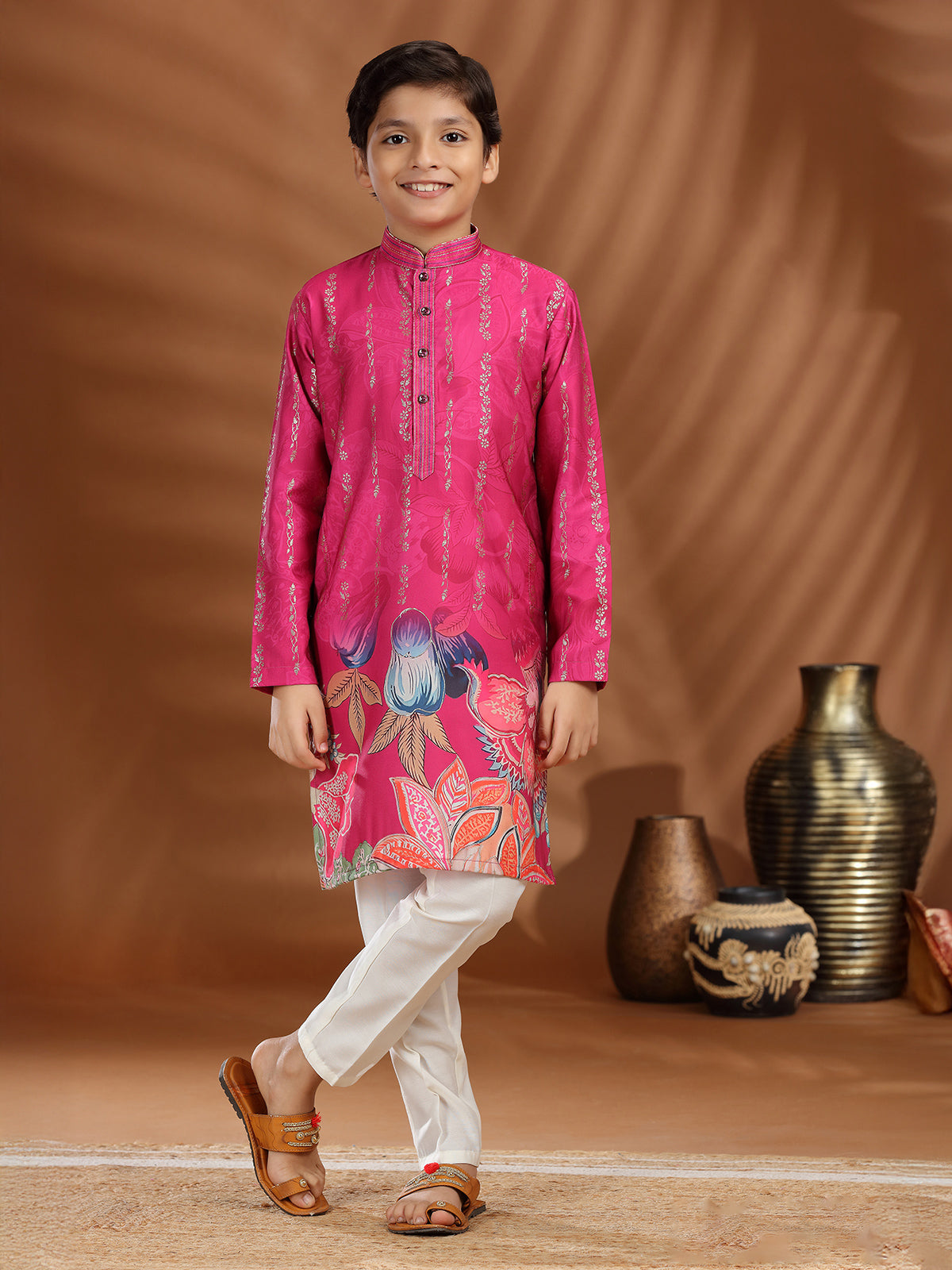 Rani color silk printed kurta pajama