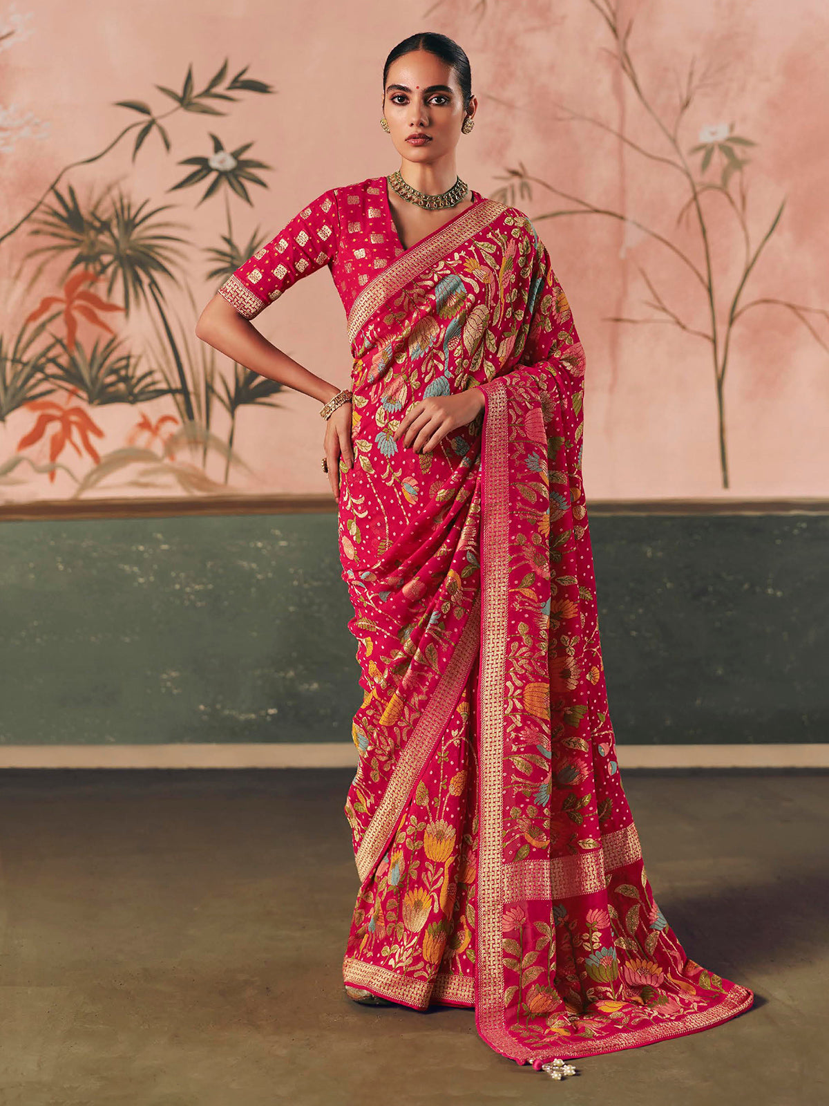 Rani pink georgette bandhej zari weaving saree