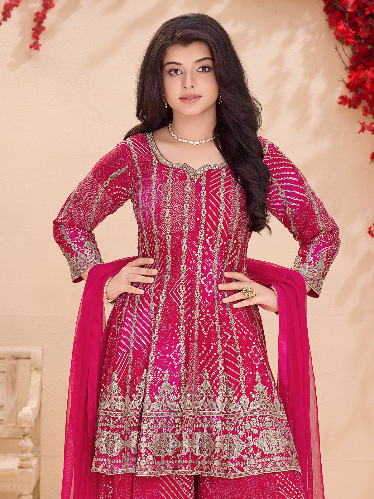 Rani pink georgette palazzo suit with aabla work